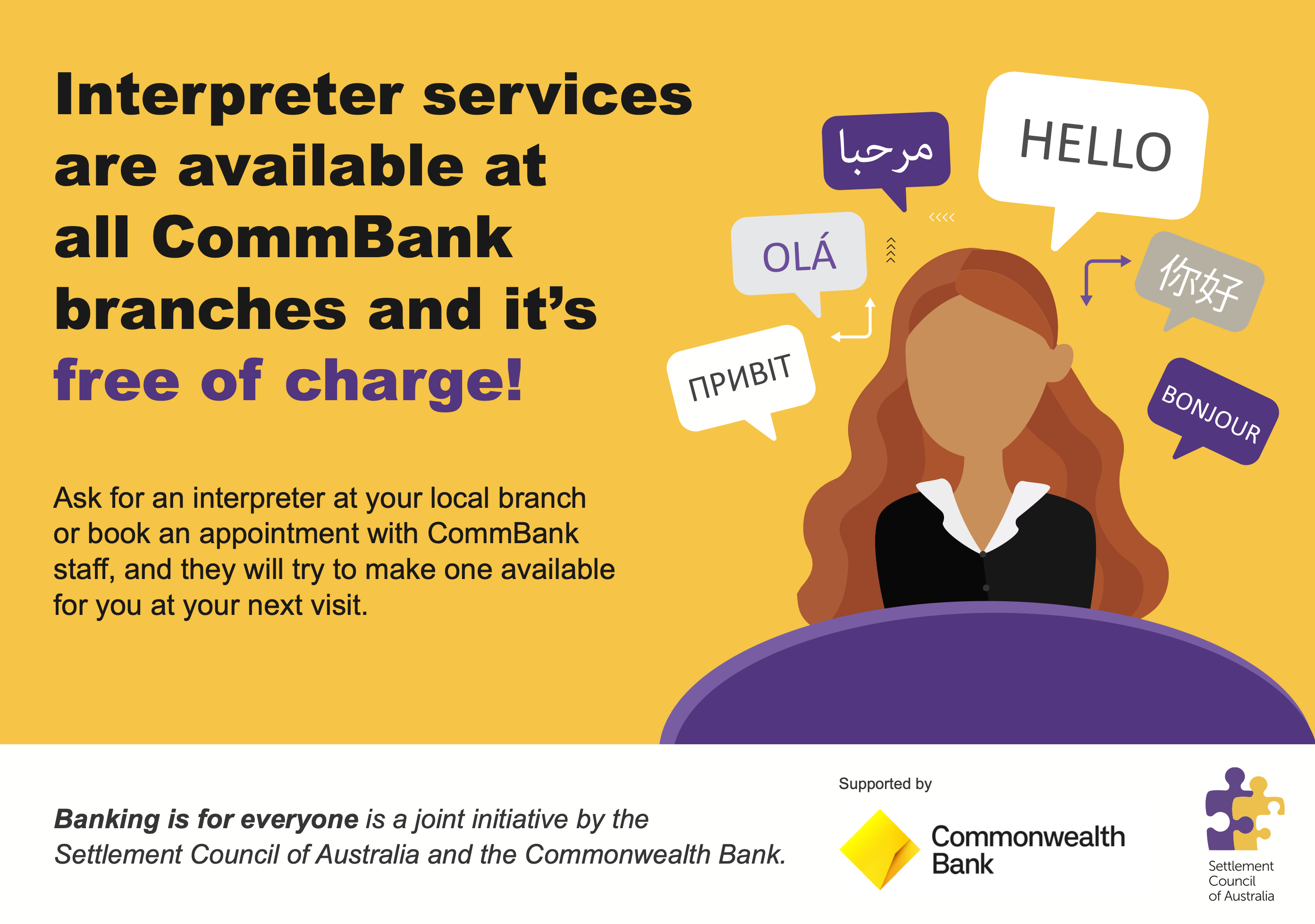 Banking is for everyone flyer explaining interpreter services from Commonwealth Bank